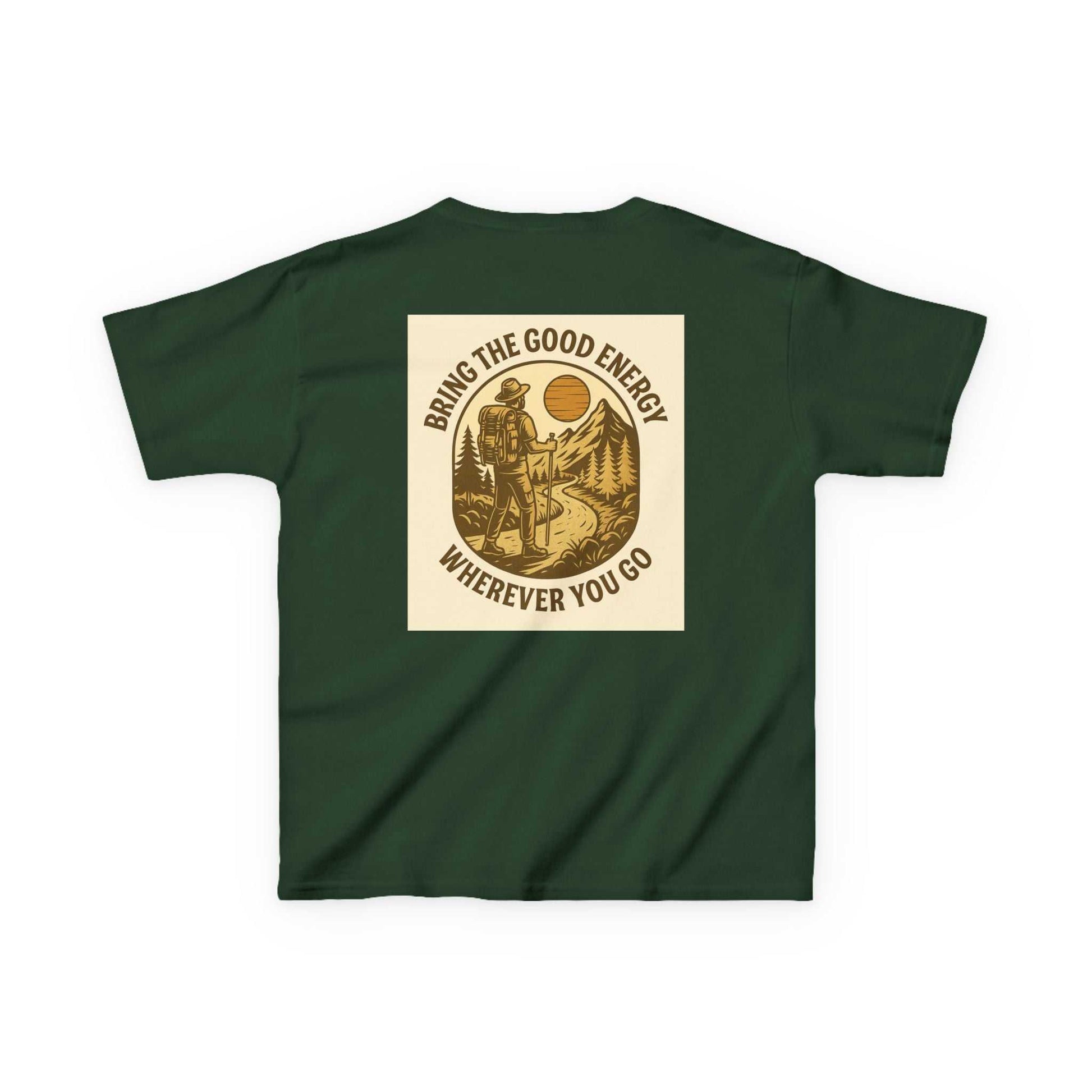 Adventure Kids Tee with motivational nature-inspired design, green color.