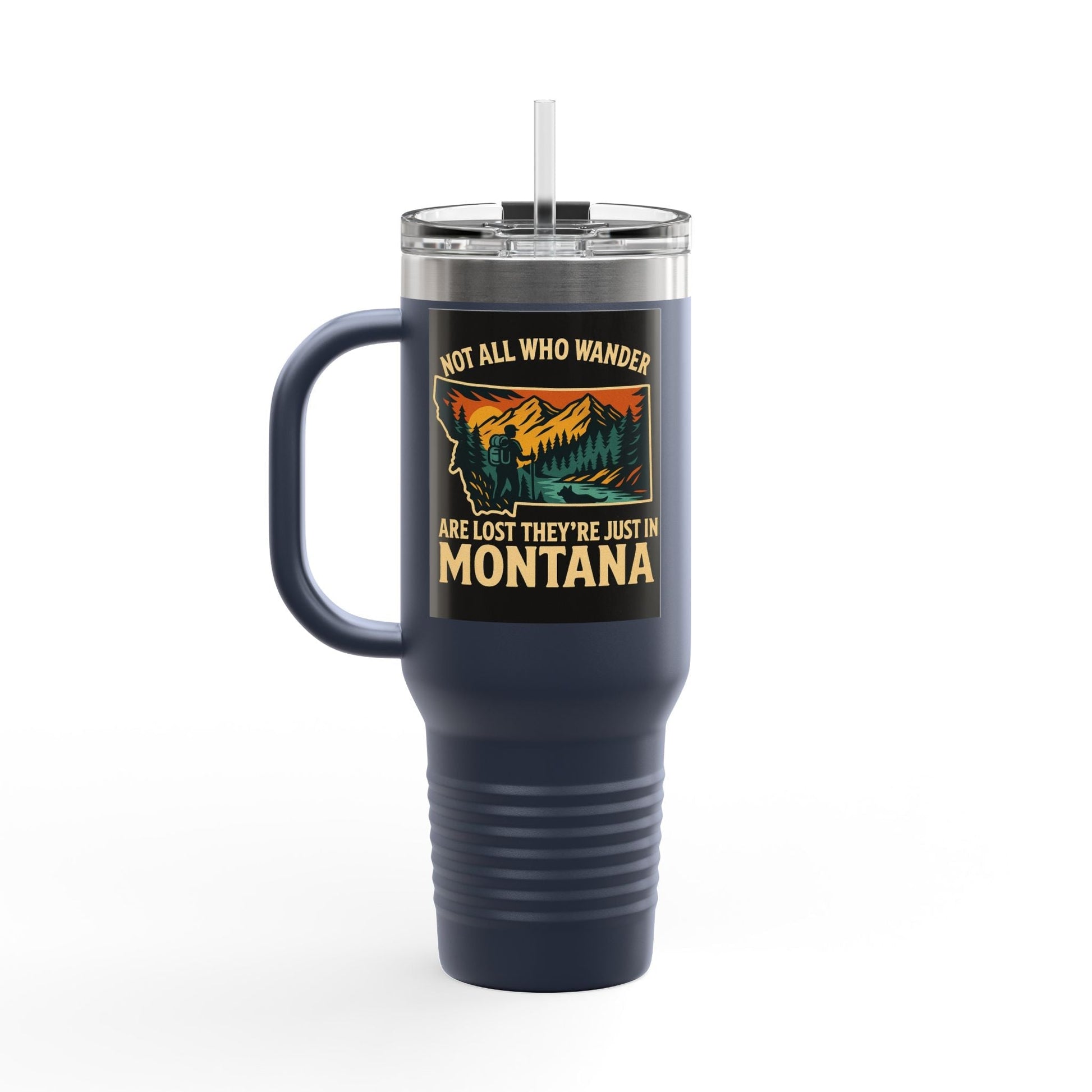 Large navy Montana Adventure Mug with handle and lid, featuring a scenic design.