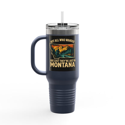 Large navy Montana Adventure Mug with handle and lid, featuring a scenic design.