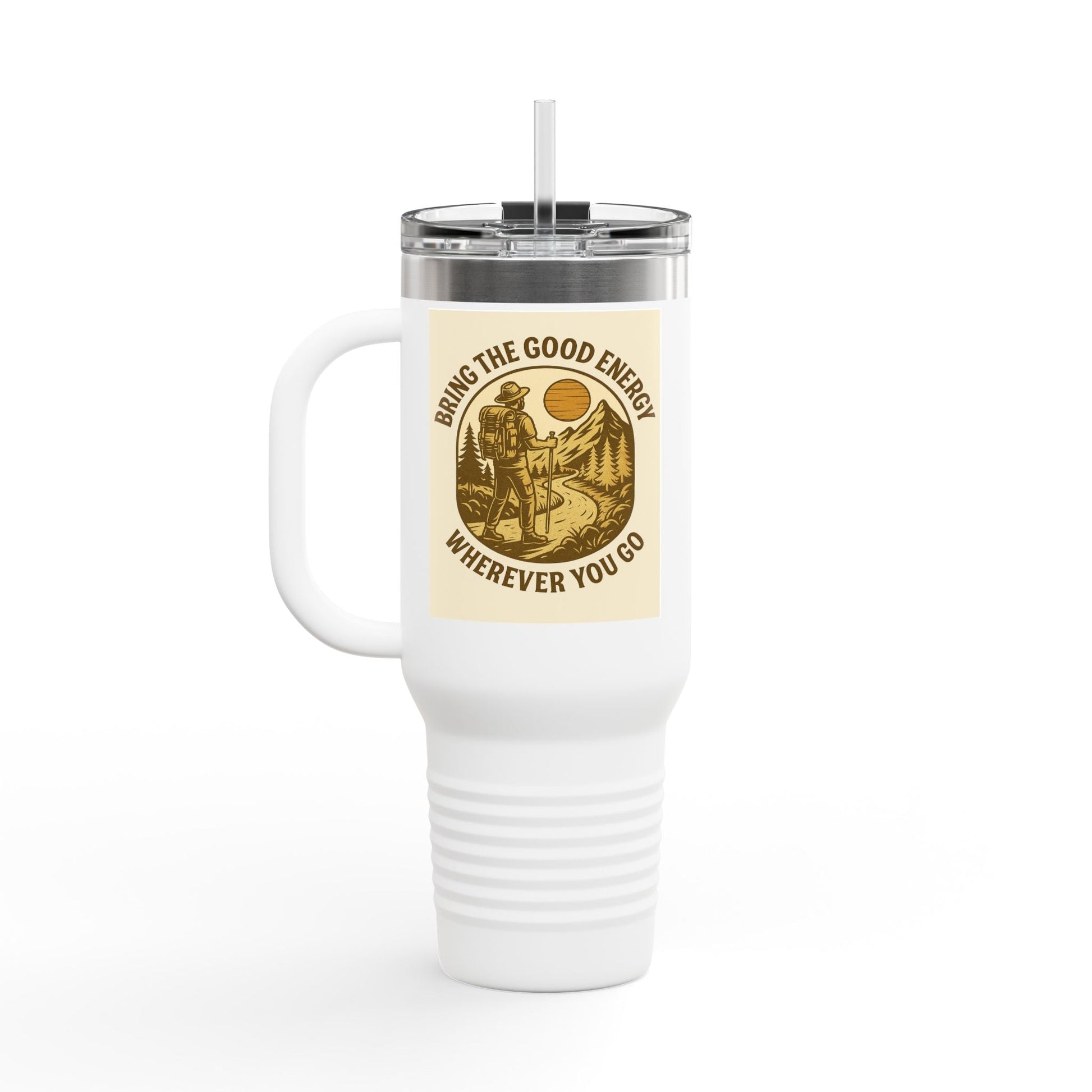 40oz insulated travel cup with positive vibes design, Good Energy Only Mug.