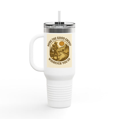 40oz insulated travel cup with positive vibes design, Good Energy Only Mug.