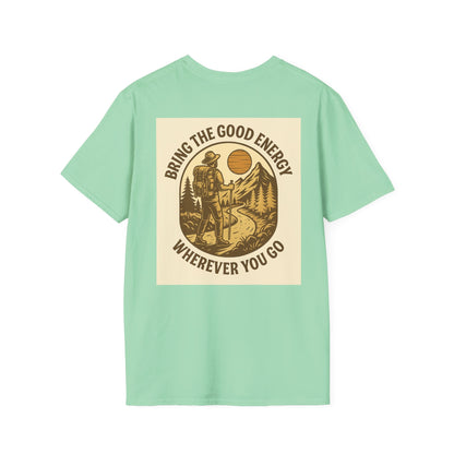 Scenic graphic tee with mountain-inspired design for nature fans, featuring a hiker and the text "Bring the Good Energy Wherever You Go."
