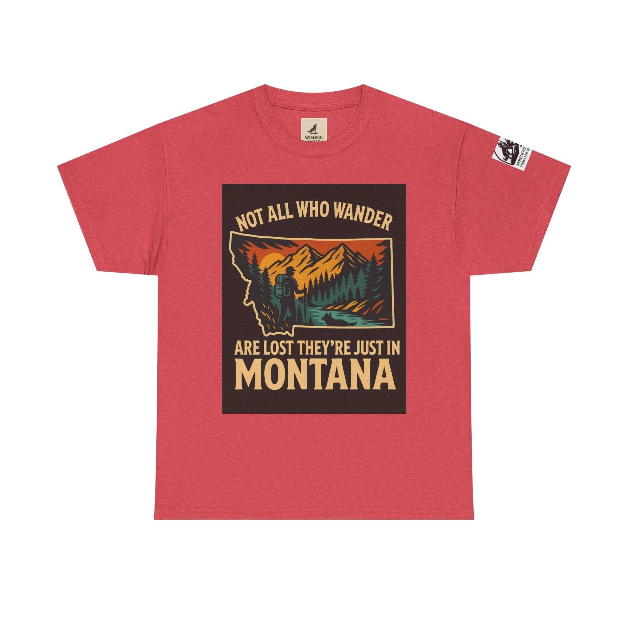 Red "Get Lost in Montana Tee" with nature print and Montana outline design, perfect for adventurers.