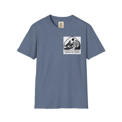 Welding Gift T-Shirt with "Strength Forged Through the Journey" graphic for metalworkers and welders.