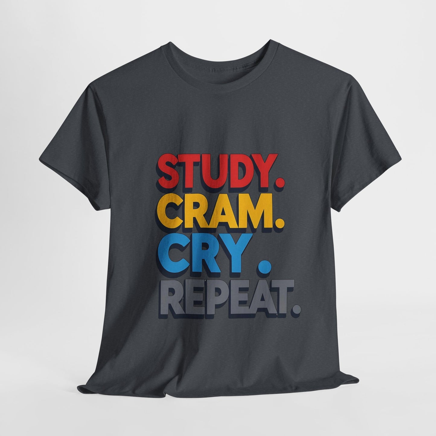 Study Cram Cry Repeat Tee, Unisex Heavy Cotton T-Shirt, Student Gift, College Humor Shirt, Exam Prep Apparel, Funny Study Tee