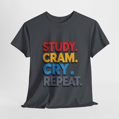 Study Cram Cry Repeat Tee, Unisex Heavy Cotton T-Shirt, Student Gift, College Humor Shirt, Exam Prep Apparel, Funny Study Tee