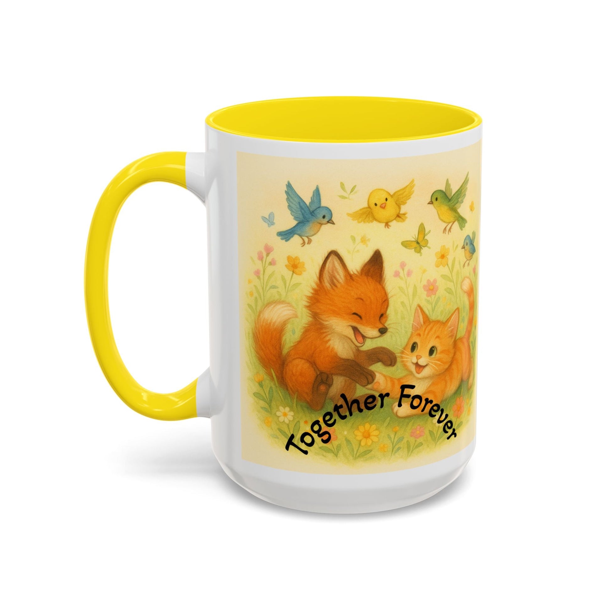 Whimsical Cat Mug with playful fox and bird motif, vibrant design, ideal gift for cat lovers and creatives.