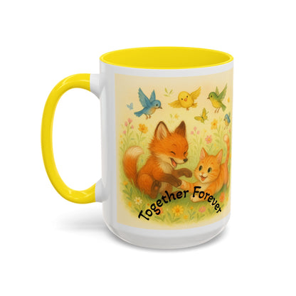 Whimsical Cat Mug with playful fox and bird motif, vibrant design, ideal gift for cat lovers and creatives.