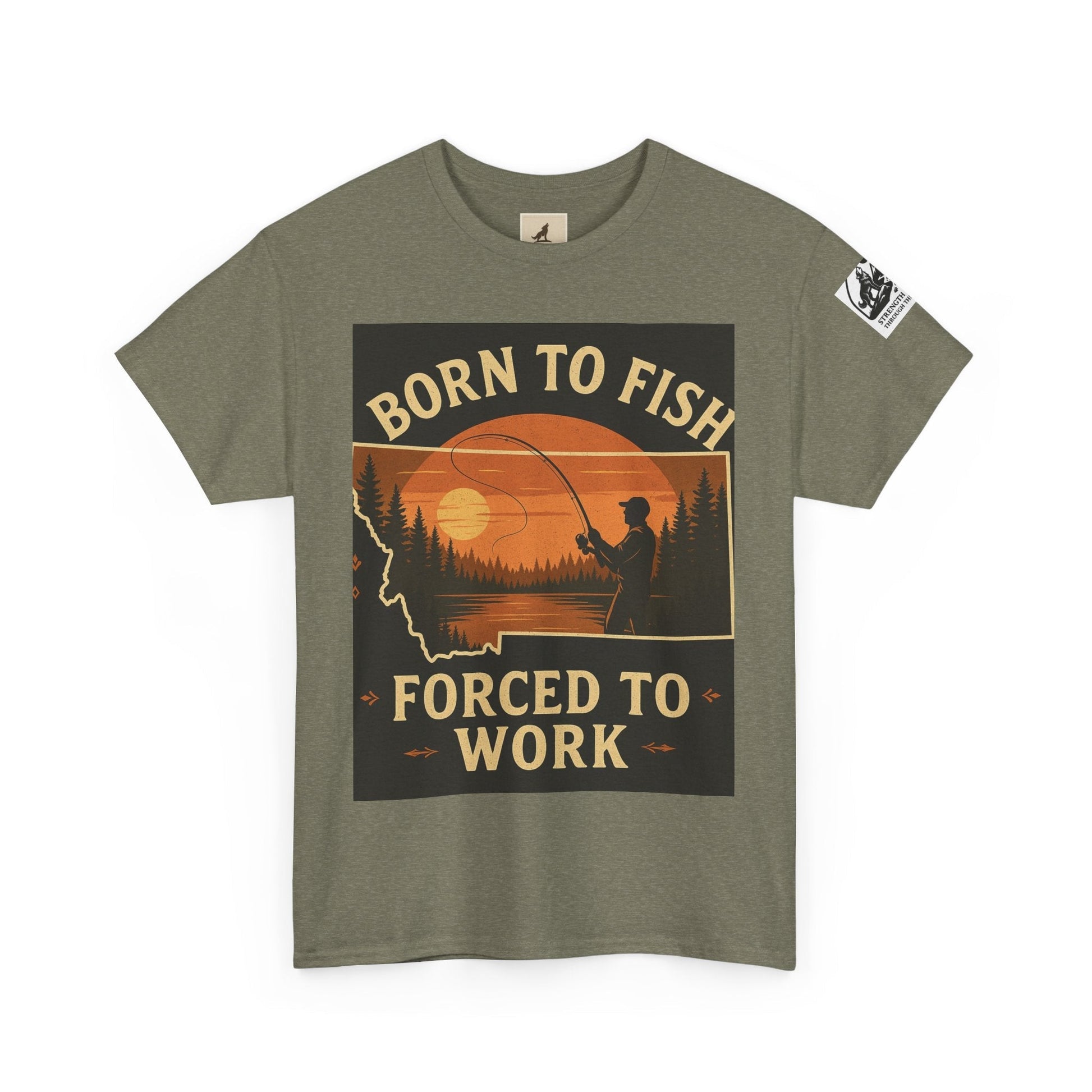 Montana Fishing Tee with "Born to Fish, Forced to Work" graphic, perfect for nature lovers.