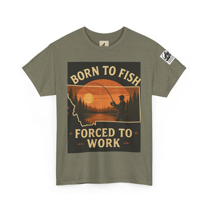 Montana Fishing Tee with "Born to Fish, Forced to Work" graphic, perfect for nature lovers.