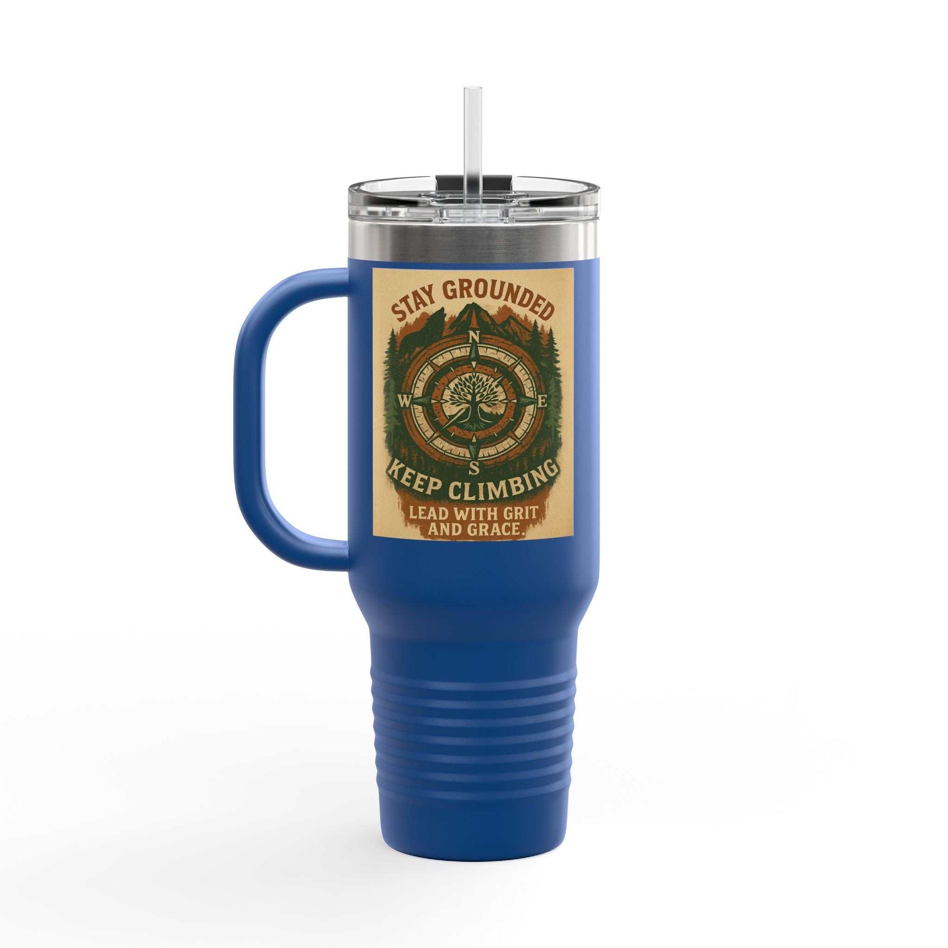 40oz blue Stay Grounded Travel Mug with inspirational design, ergonomic handle, and leak-proof lid.