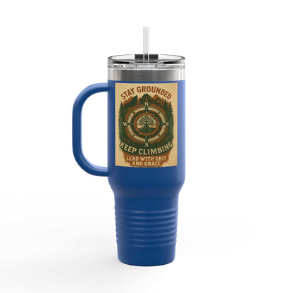 40oz blue Stay Grounded Travel Mug with inspirational design, ergonomic handle, and leak-proof lid.