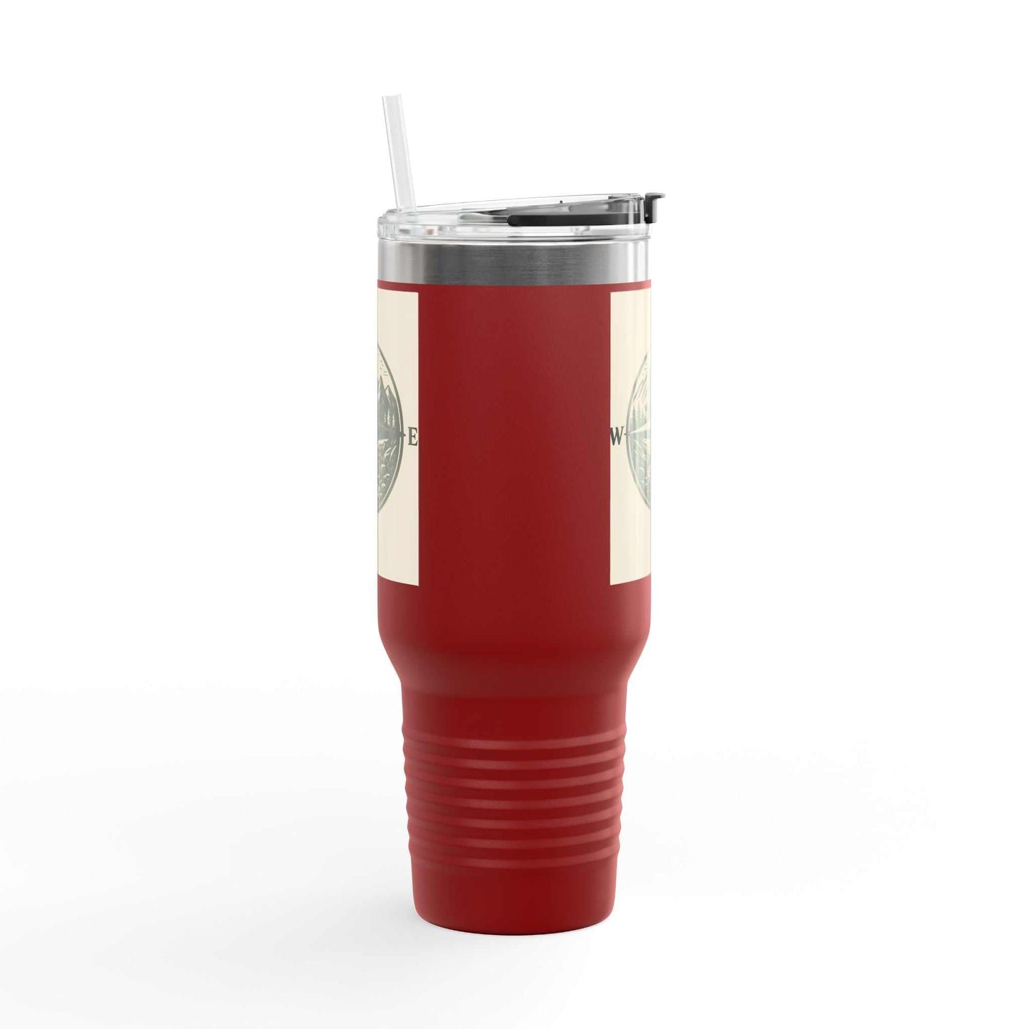 40oz Montana Compass Travel Mug with red exterior and compass design, featuring leak-proof lid and ergonomic handle.