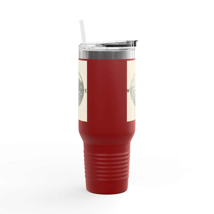 40oz Montana Compass Travel Mug with red exterior and compass design, featuring leak-proof lid and ergonomic handle.