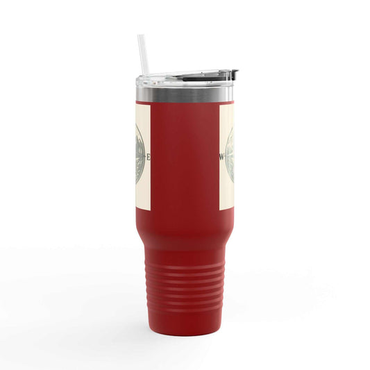 40oz Montana Compass Travel Mug with red exterior and compass design, featuring leak-proof lid and ergonomic handle.
