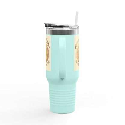 40oz Good Energy Only Mug, insulated travel cup with positive vibes design, light blue color, ergonomic handle, leak-resistant lid.