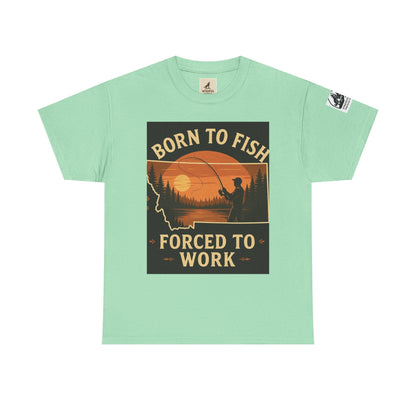 Montana Fishing Tee with "Born to Fish, Forced to Work" graphic for nature lovers.