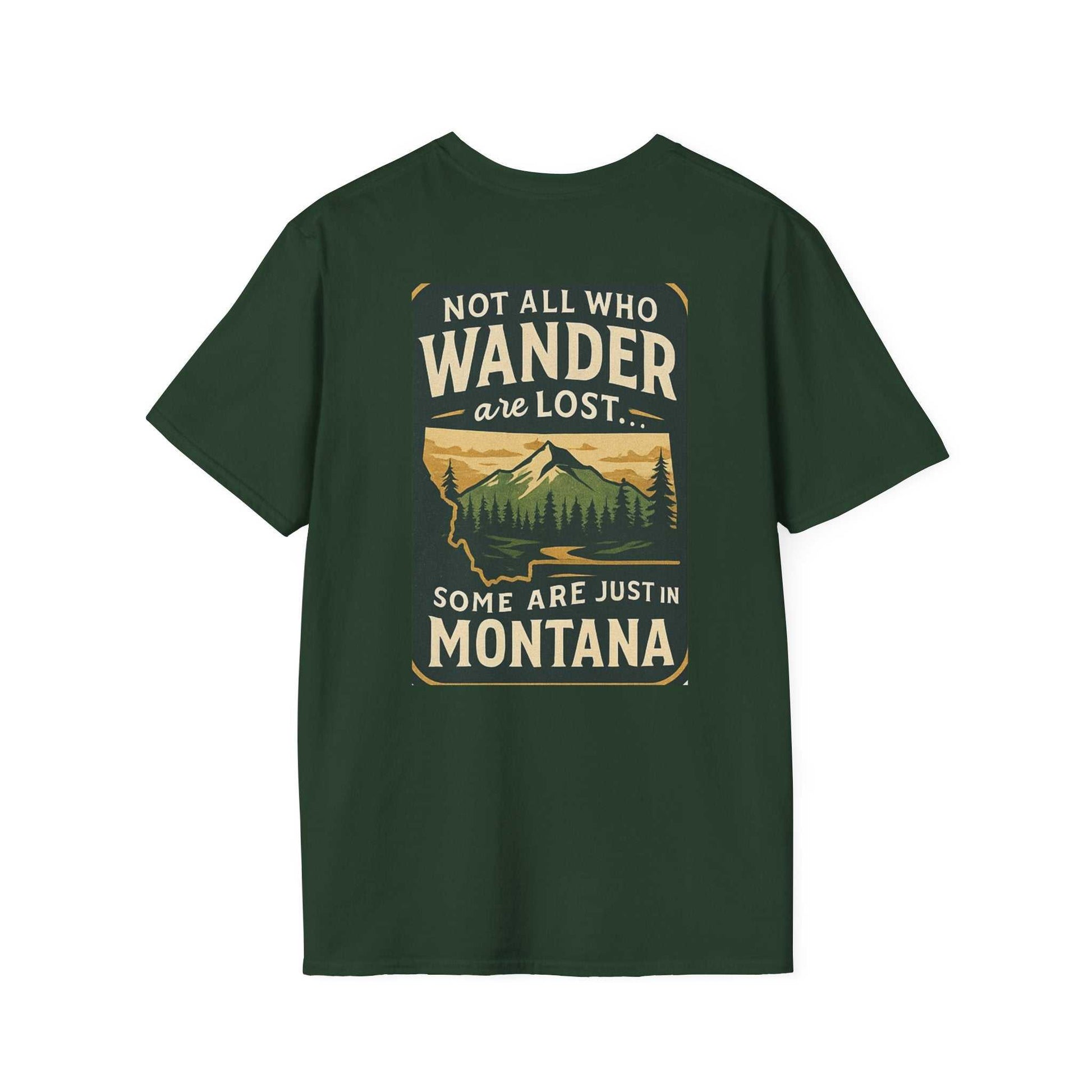 Montana Adventure Tee with wilderness graphic on dark green shirt for nature lovers.