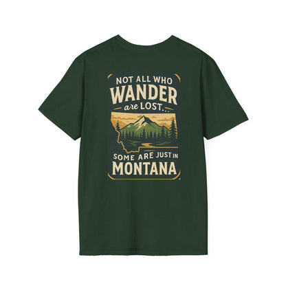 Montana Adventure Tee with wilderness graphic on dark green shirt for nature lovers.