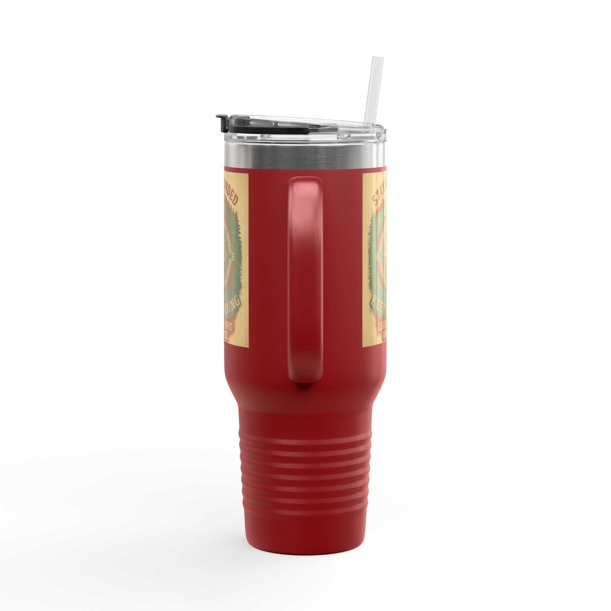 40oz Stay Grounded Travel Mug, red insulated tumbler with handle, ideal for outdoor adventures.