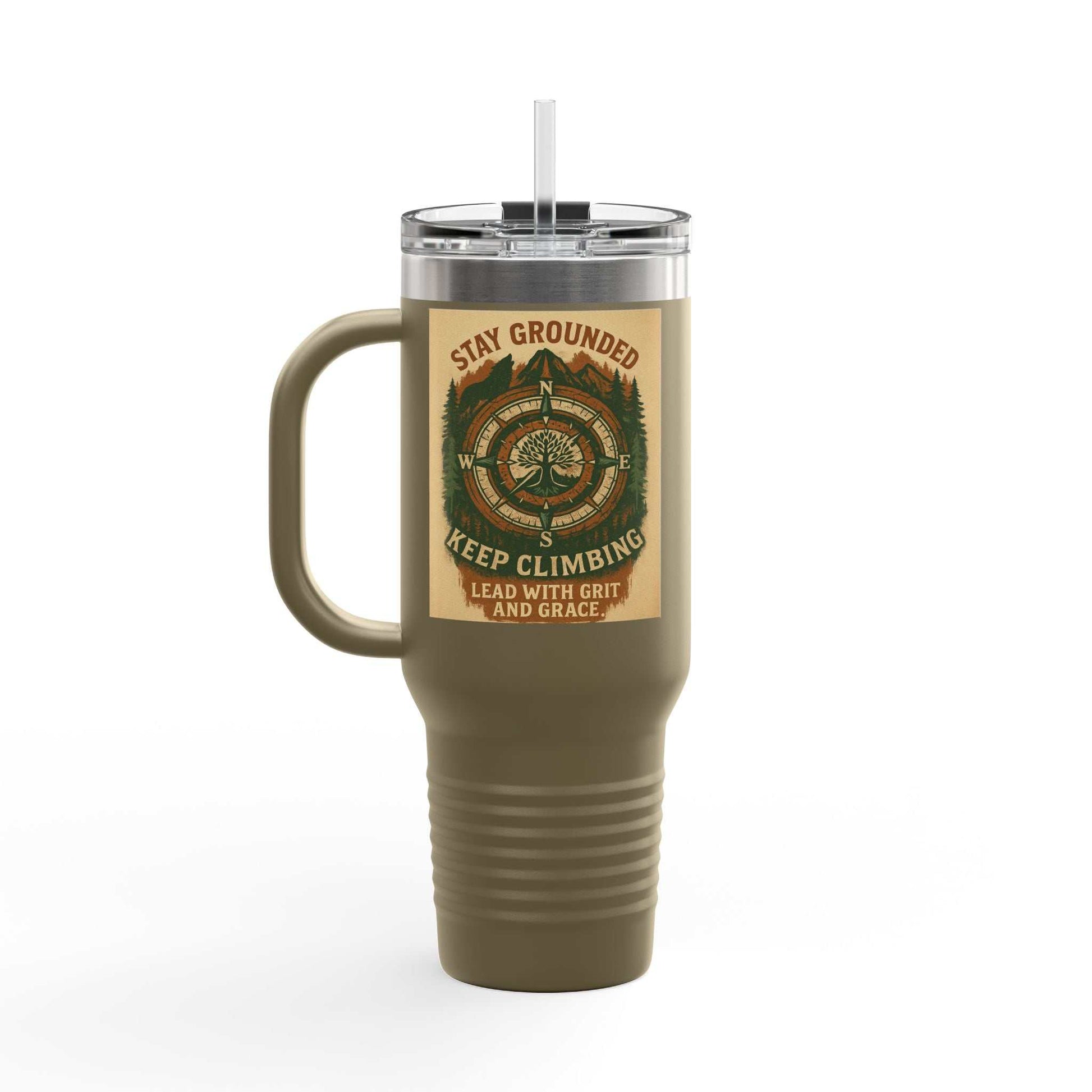 40oz Stay Grounded Travel Mug with insulated stainless steel design, ergonomic handle, and nature-inspired graphic.