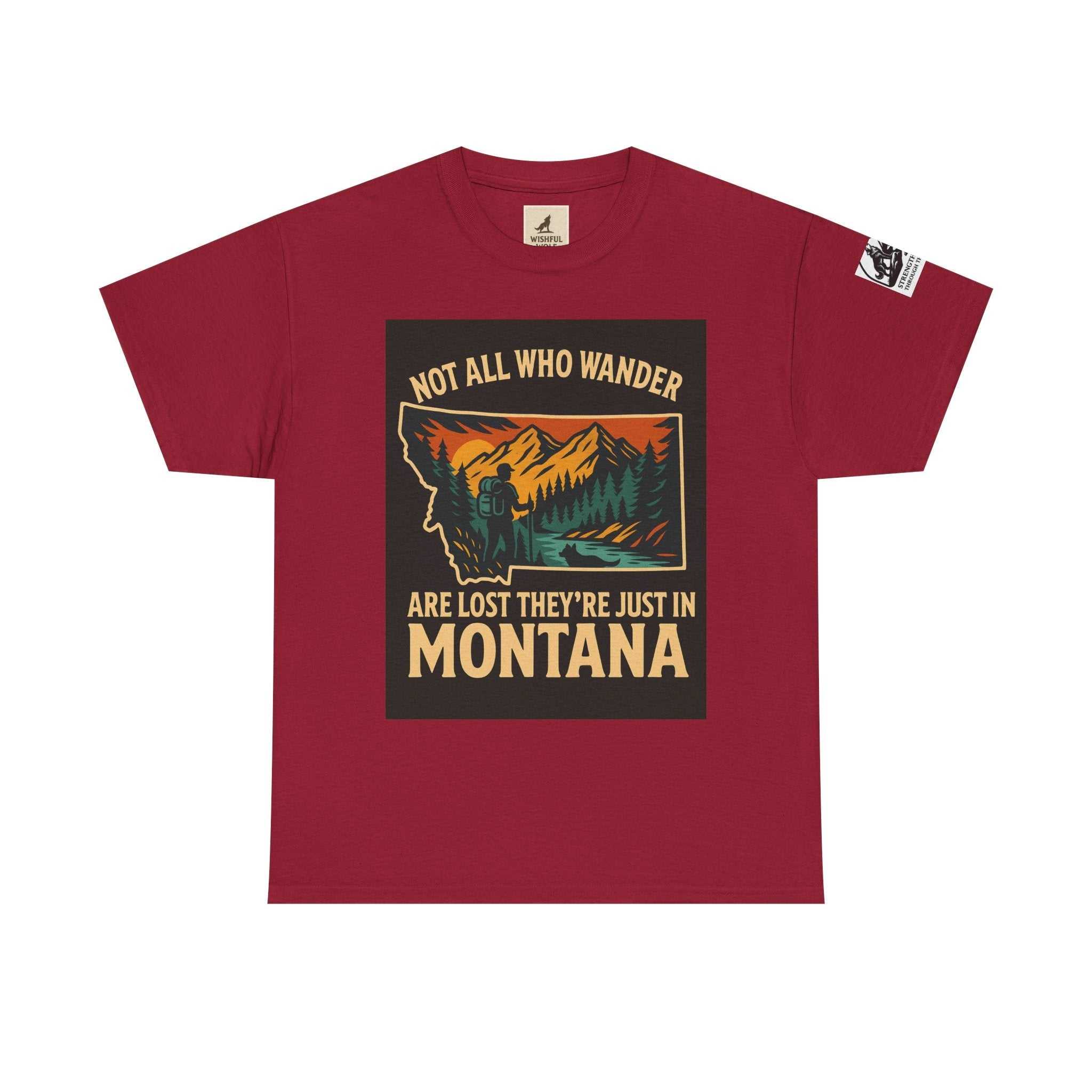 Red "Get Lost in Montana Tee" featuring nature print, ideal for adventure seekers; 100% US cotton, durable and eco-friendly.