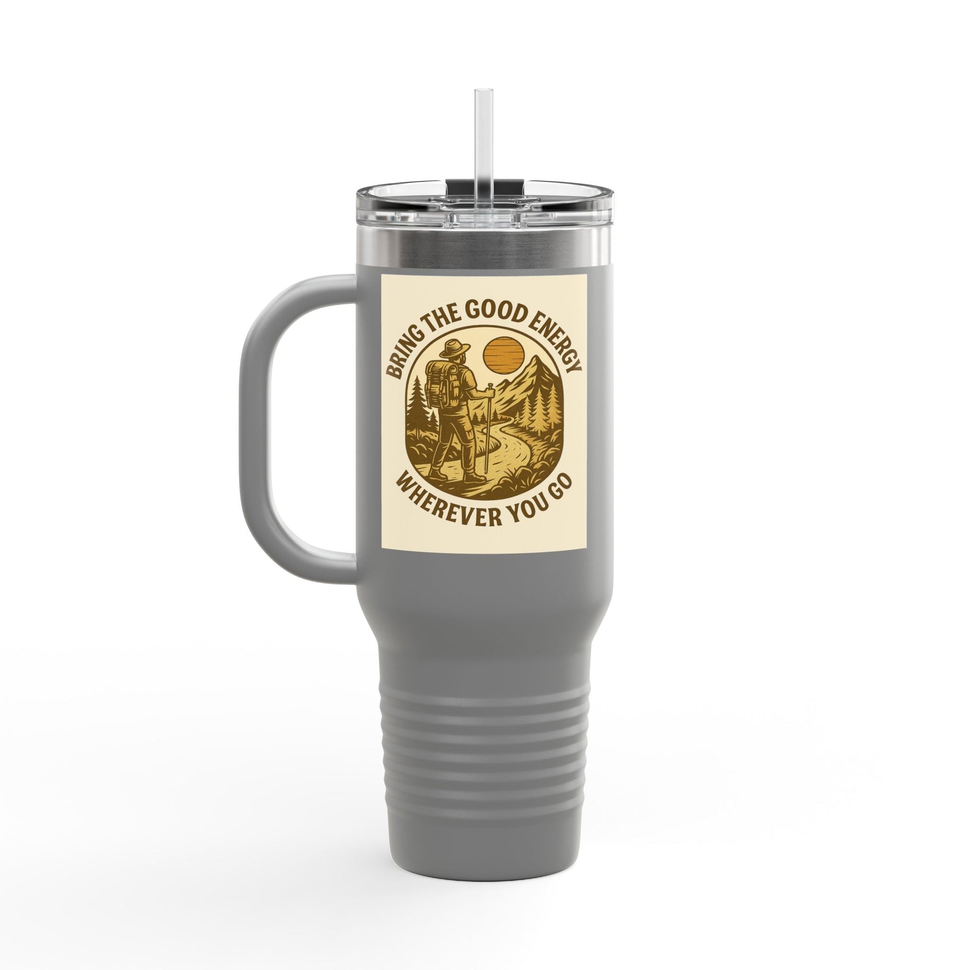 40oz insulated travel cup with positive design and ergonomic handle, featuring "Bring the Good Energy Wherever You Go" message.