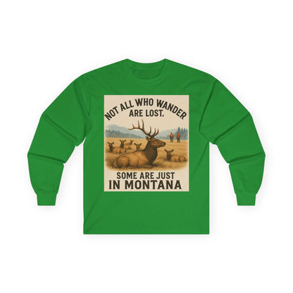 Montana Wanderlust Long Sleeve Tee in green, featuring outdoor adventure design and nature-inspired quote.