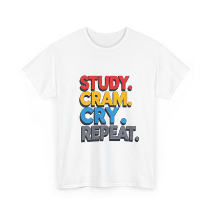 Study Cram Cry Repeat Tee, Unisex Heavy Cotton T-Shirt, Student Gift, College Humor Shirt, Exam Prep Apparel, Funny Study Tee