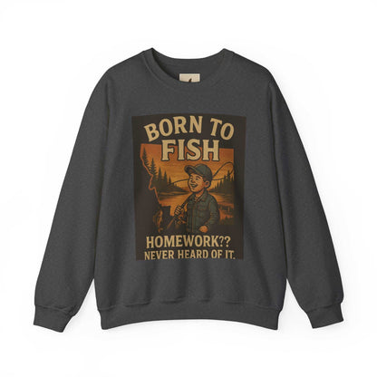 Born to Fish Sweatshirt with fishing-themed graphic; cozy, medium-heavy cotton-poly blend for anglers.
