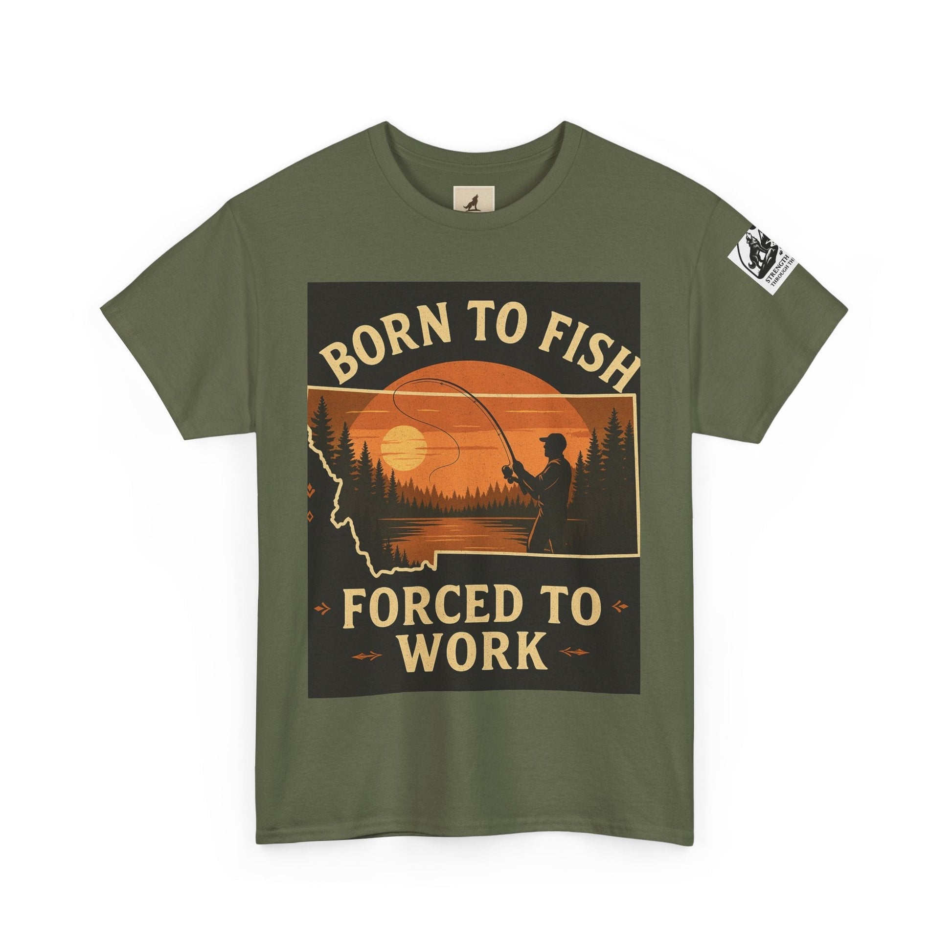 Montana Fishing Tee with "Born to Fish, Forced to Work" graphic, perfect for nature lovers and anglers.