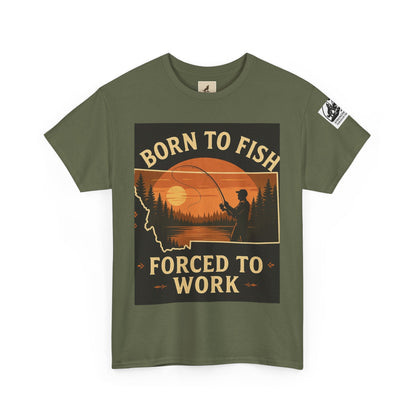 Montana Fishing Tee with "Born to Fish, Forced to Work" graphic, perfect for nature lovers and anglers.