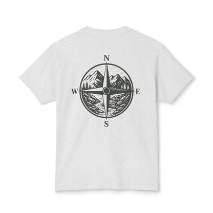 Montana Adventure Tee with compass design and mountain landscape on back.