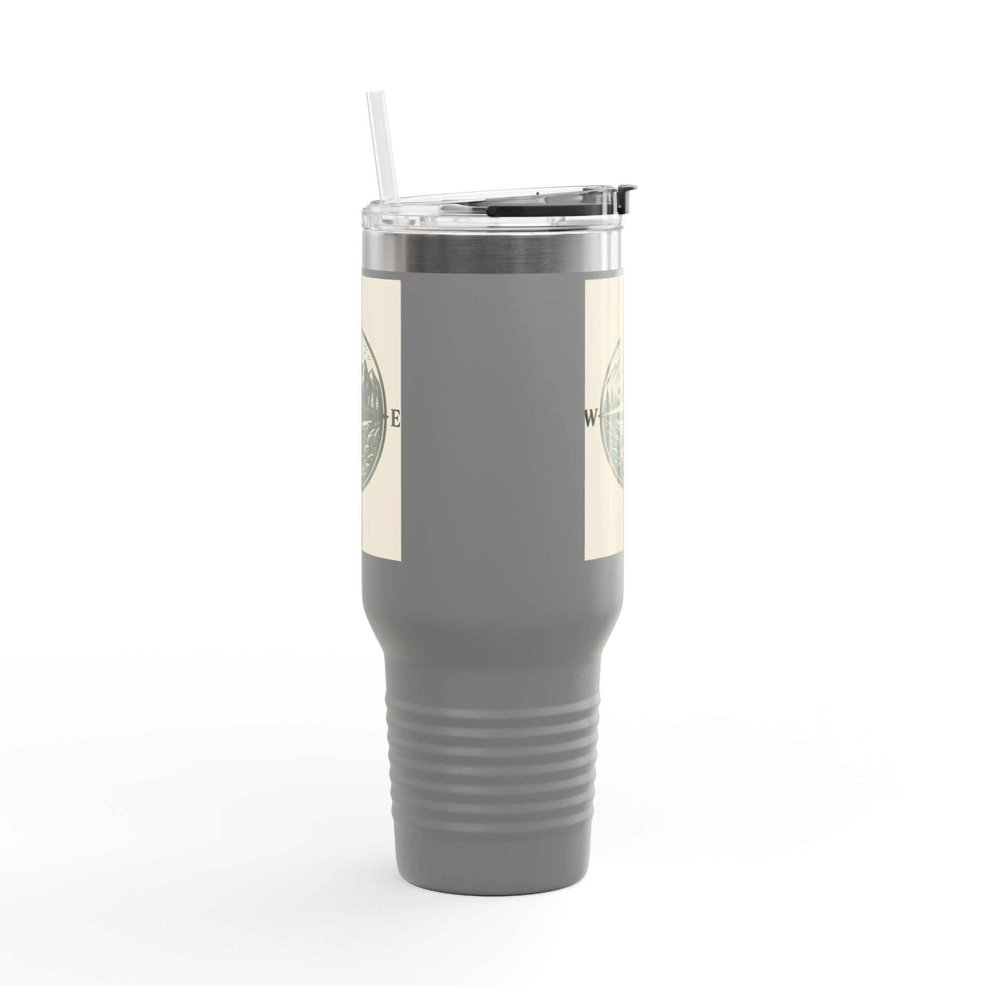 40oz insulated Montana Compass Travel Mug with ergonomic handle, compass design, and leak-proof lid for outdoor adventures.
