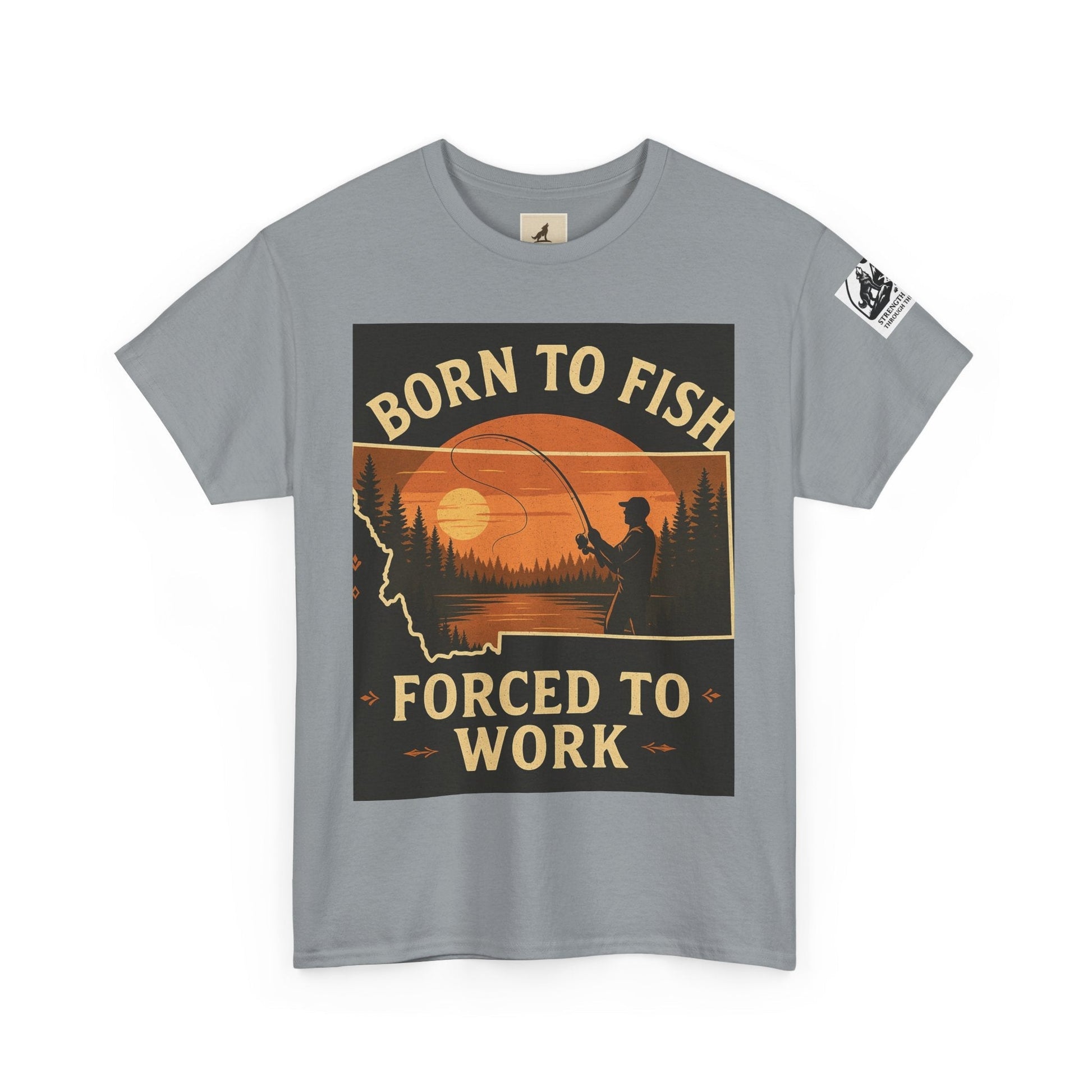 Montana Fishing Tee with "Born to Fish, Forced to Work" graphic, perfect for anglers and nature lovers.