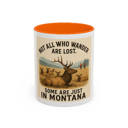 Montana Adventure Mug with elk design and "Not all who wander are lost" quote, ideal for nature lovers.