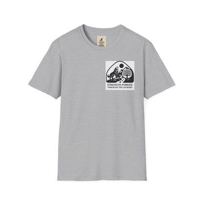 Gray Welding Gift T-Shirt with "Strength Forged Through the Journey" graphic for metalworkers and welders.