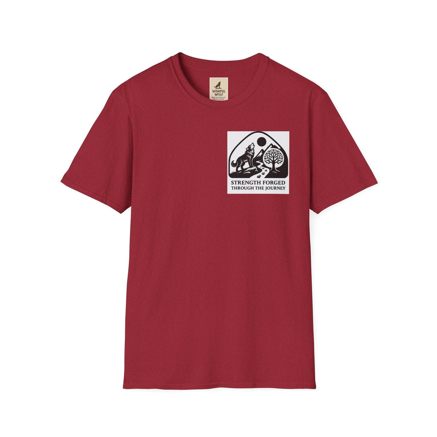 Welding Gift T-Shirt with "Strength Forged Through the Journey" graphic for welders and metalworkers.