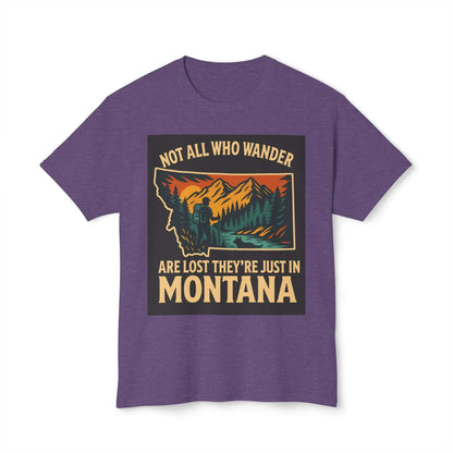 Montana Adventure Tee with nature-inspired design on purple fabric.
