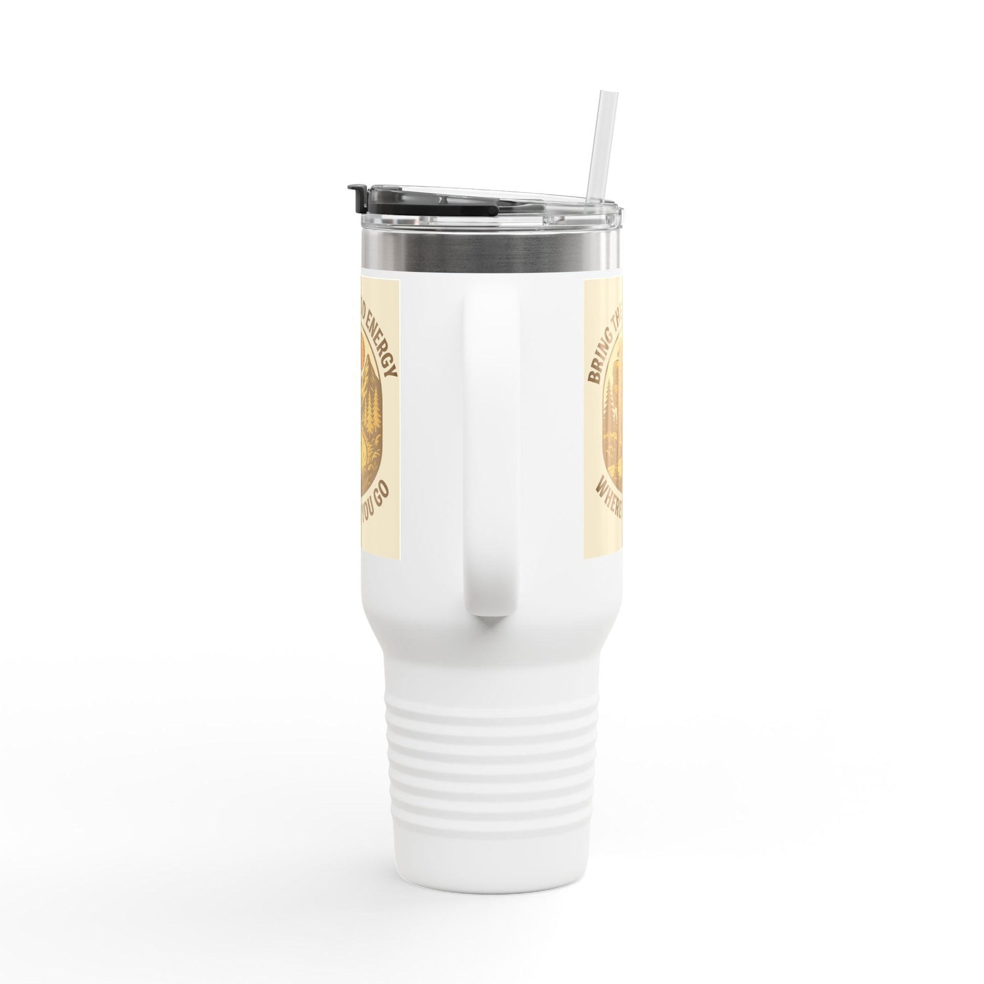 40oz insulated travel cup with leak-resistant lid and positive vibes design.