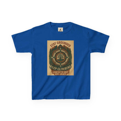 Blue Adventure Kids Tee with nature-inspired design and motivational text, perfect for young explorers.