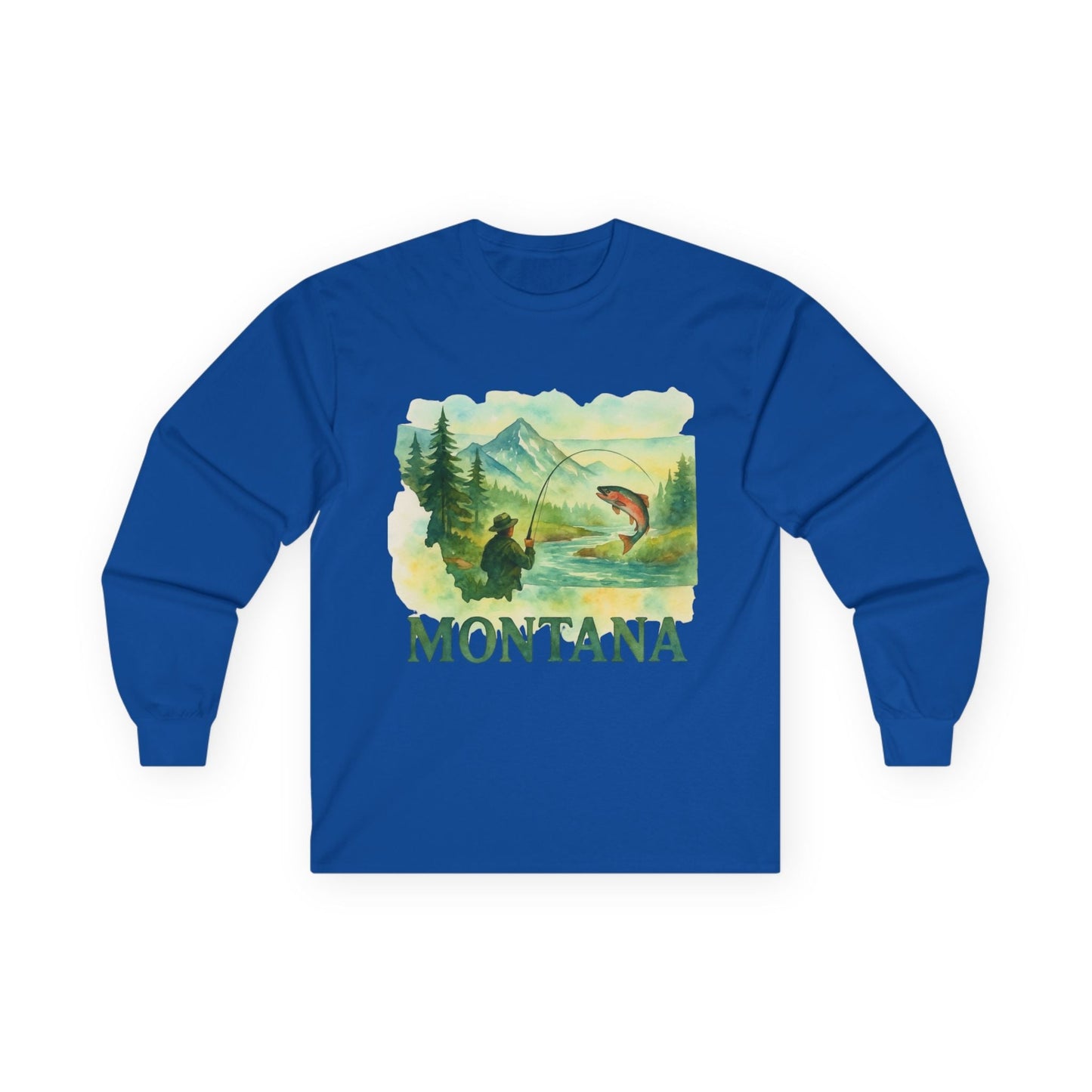 Montana Fishing Long Sleeve Tee for men with vintage fishing design, showcasing mountains and nature.