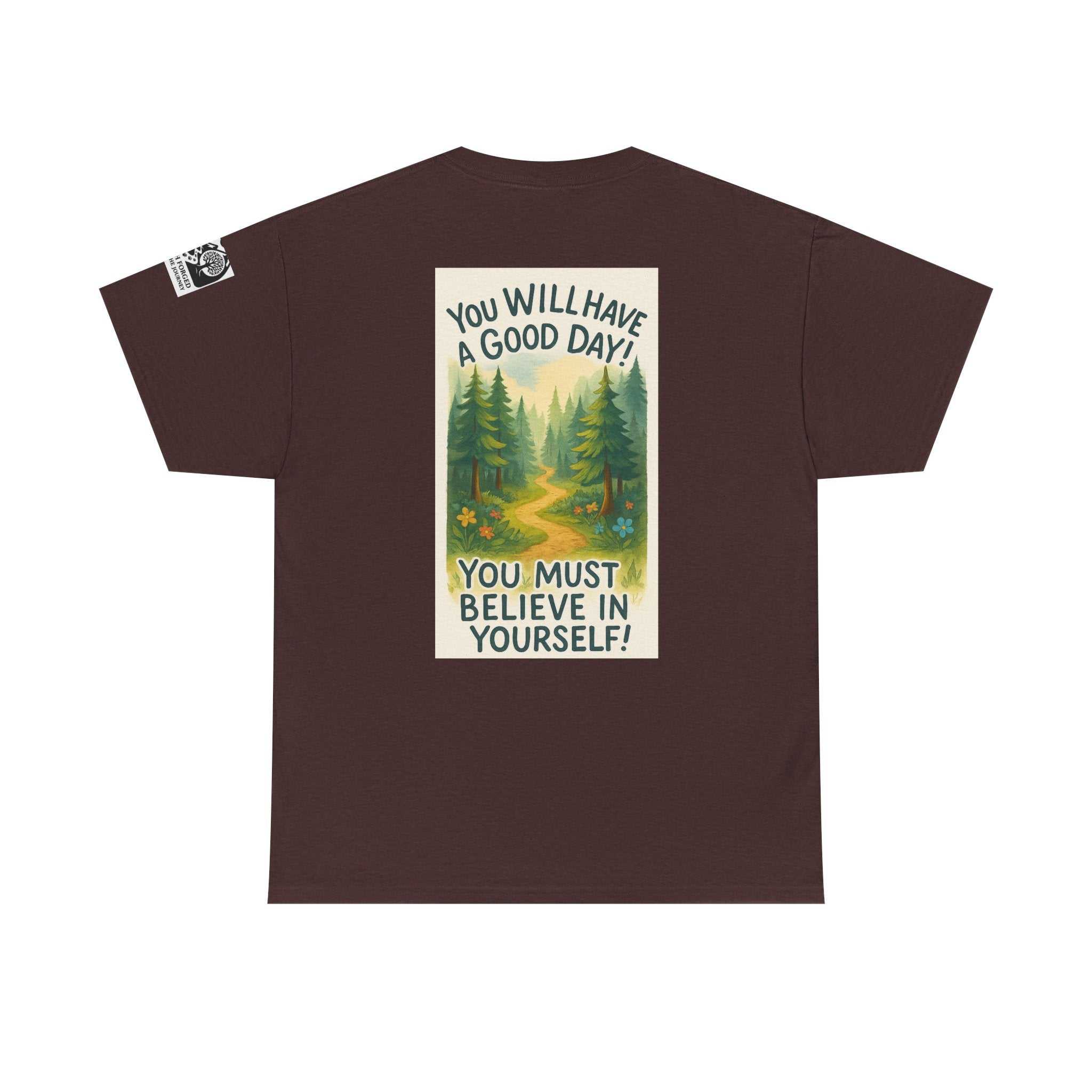 Brown "Get Lost in Montana Tee" featuring a nature-inspired print with trees and motivational text. Ideal for adventurers seeking comfort and style.