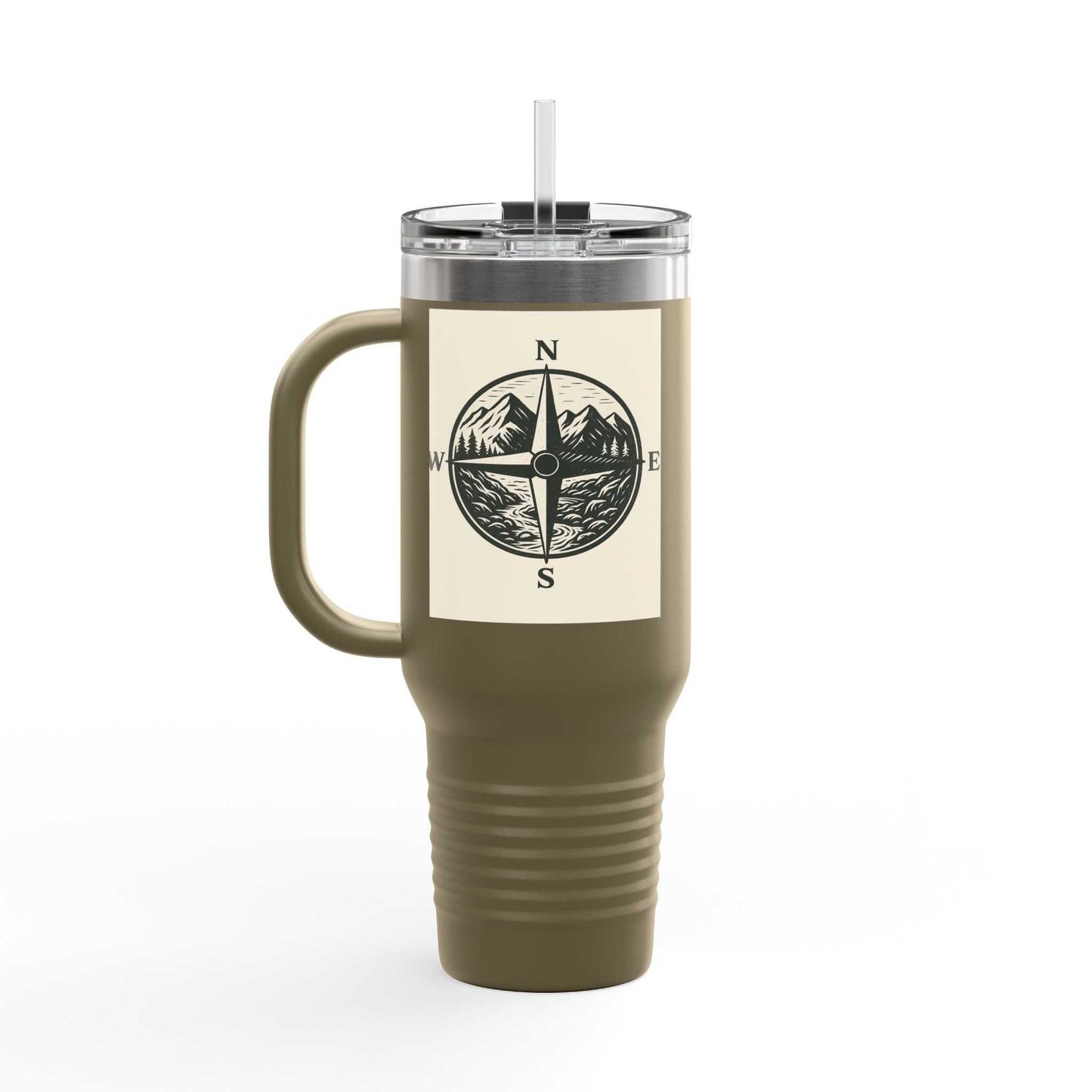 40oz Montana Compass Travel Mug – Insulated stainless steel cup with compass design.