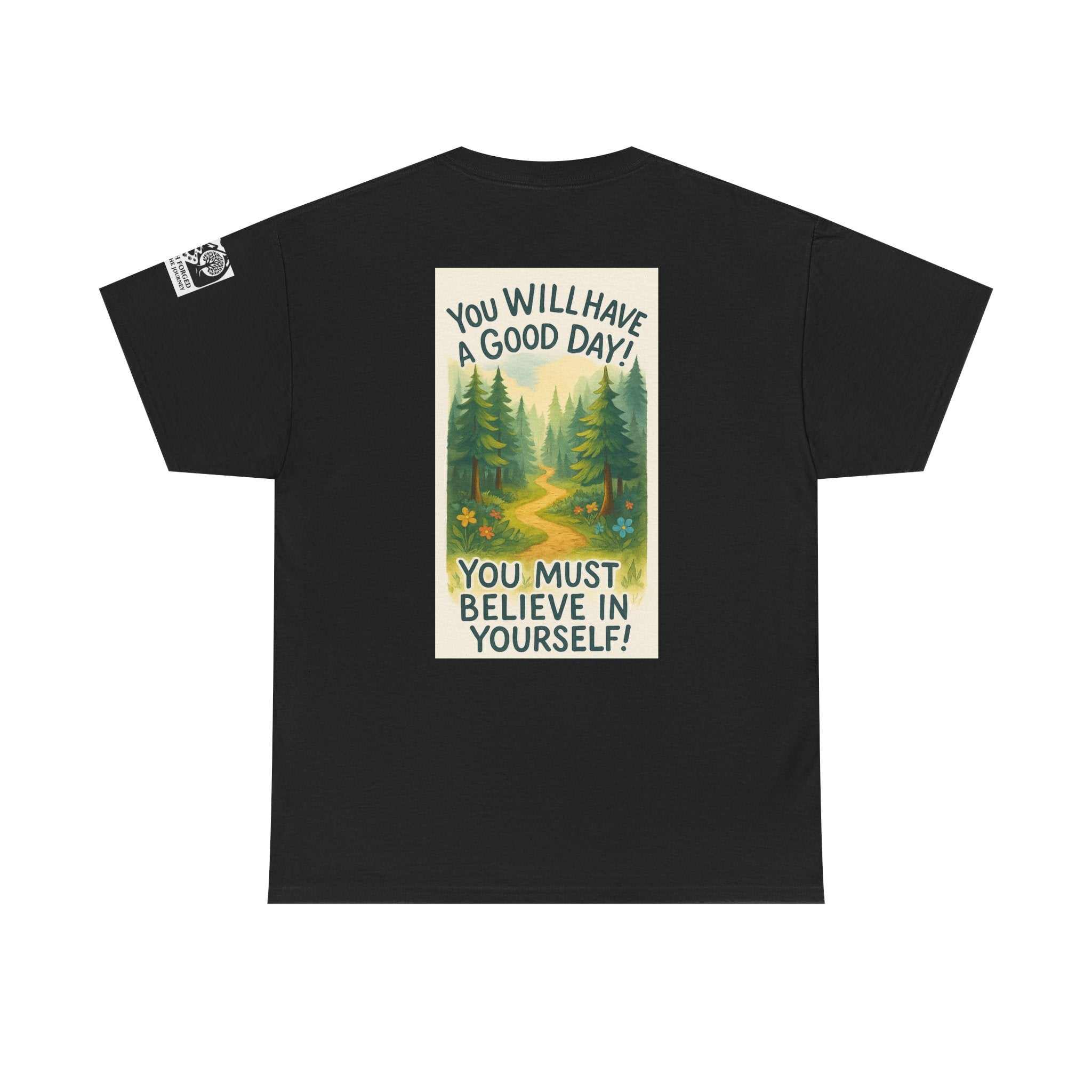 Black "Get Lost in Montana Tee" with nature print and positive message on back.
