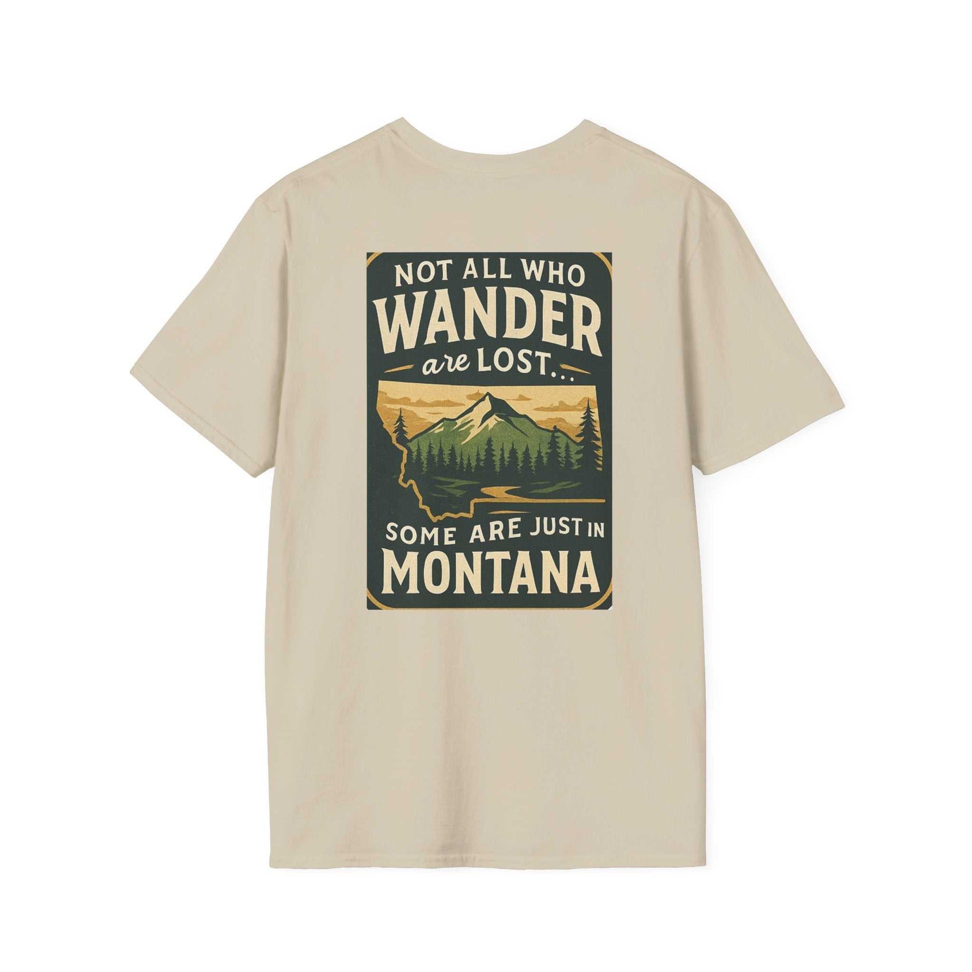 Montana Adventure Tee with wilderness graphic and text about Montana's spirit, perfect for nature lovers.
