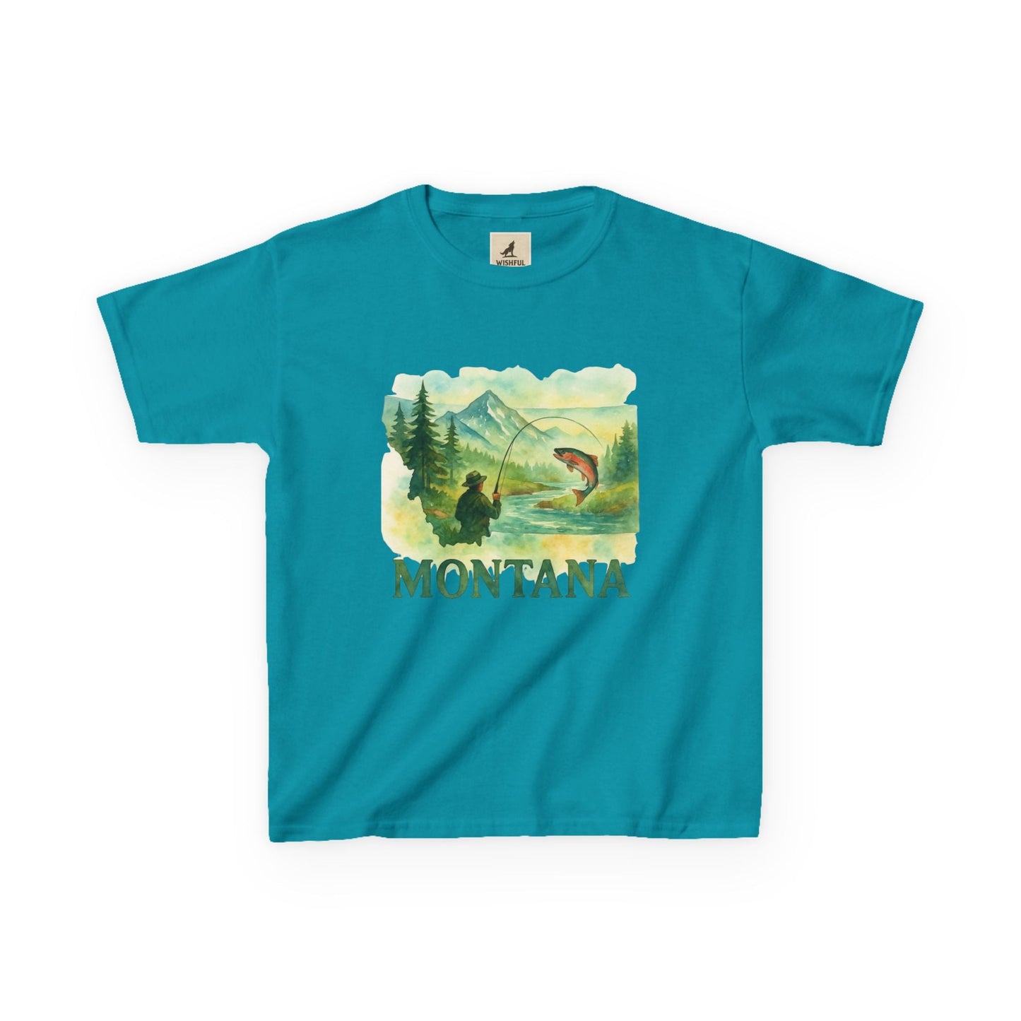 Nature-inspired Montana Adventure Kids Tee with mountain and forest graphic, made from soft cotton for comfort and movement.