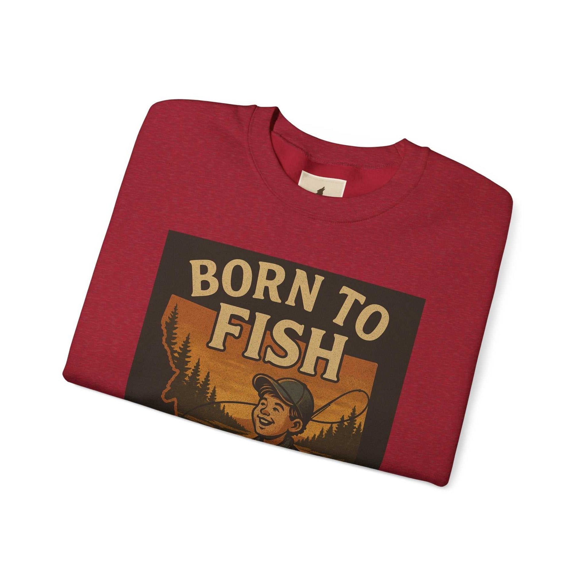 Born to Fish Sweatshirt in red with bold design for anglers, showcasing fishing lifestyle.