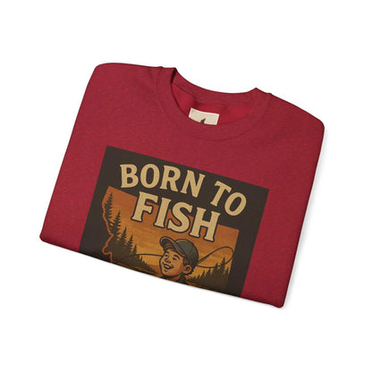 Born to Fish Sweatshirt in red with bold design for anglers, showcasing fishing lifestyle.