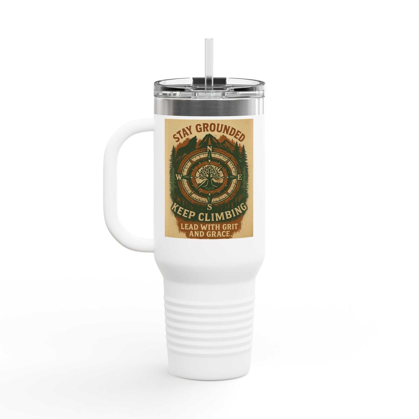 40oz Stay Grounded Travel Mug with handle, outdoor-inspired print, and insulated design.
